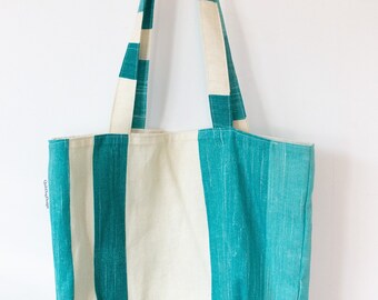 Blue and Turquoise Stripe Tote Bag, Shopping Bag, Supermarket Bag, Upcycled Bag, Book Bag