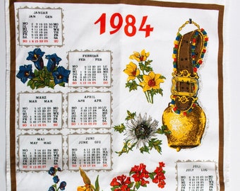 Theedoek vintage 1984 kalender met bloemendetail, vintage keuken, vintage textiel