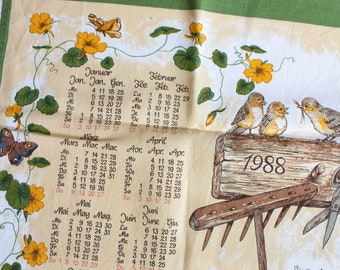 Paño de cocina con calendario vintage de 1988 con detalles de jardinería y vida silvestre, cocina vintage, textiles vintage