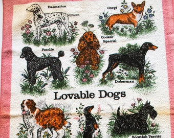 Toalla de té de algodón rosa vintage &#39;Perros adorables&#39;, cocina vintage, textiles vintage