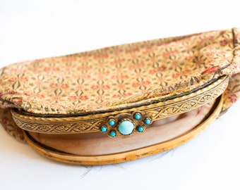 Vintage gouden en rode clutch handtas of tas met faux turquoise detail, vintage tassen, vintage textiel, vintage mode