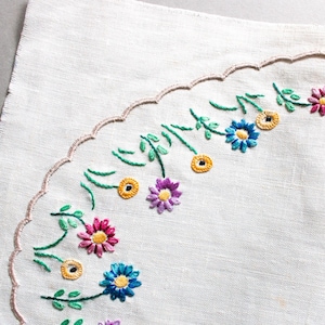 以下が含まれることがあります： オフホワイトのリネン生地に刺繍された花柄のデザイン。刺繍は、ピンク、青、紫、黄色の色合いのカラフルな花と、緑の葉と茎が特徴です。縁は薄茶色のボーダーでスカラップされています。