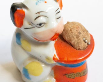 Vintage Japanese Cat and Mouse Ceramic Pin Cushion, Vintage Sewing, Vintage Haberdashery