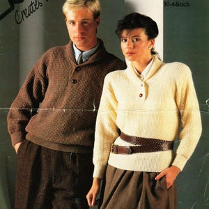May include: Two knitted sweaters, one brown and one cream, with a brown belt. The sweaters have a collar and button closure. The text "Robin Creates the look" and "Landscape 4-ply 76-112cm 30-44inch" is visible on the image.