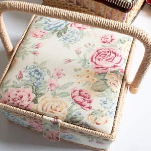 Vintage Wicker and Floral Sewing Basket, VIntage Haberdashery image 1