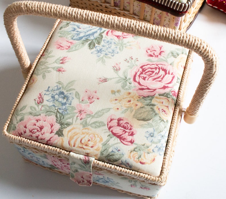 Vintage Wicker and Floral Sewing Basket, VIntage Haberdashery image 1
