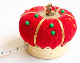 Vintage Red and Gold Velvet Pin Cushion, Vintage Sewing, Vintage Haberdashery