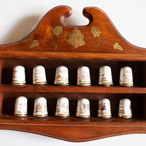 Vintage Caverswall '12 Days of Christmas' Bone China Thimble Set with Wooden and Brass Display Rack, Vintage Thimble Collection Display Rack