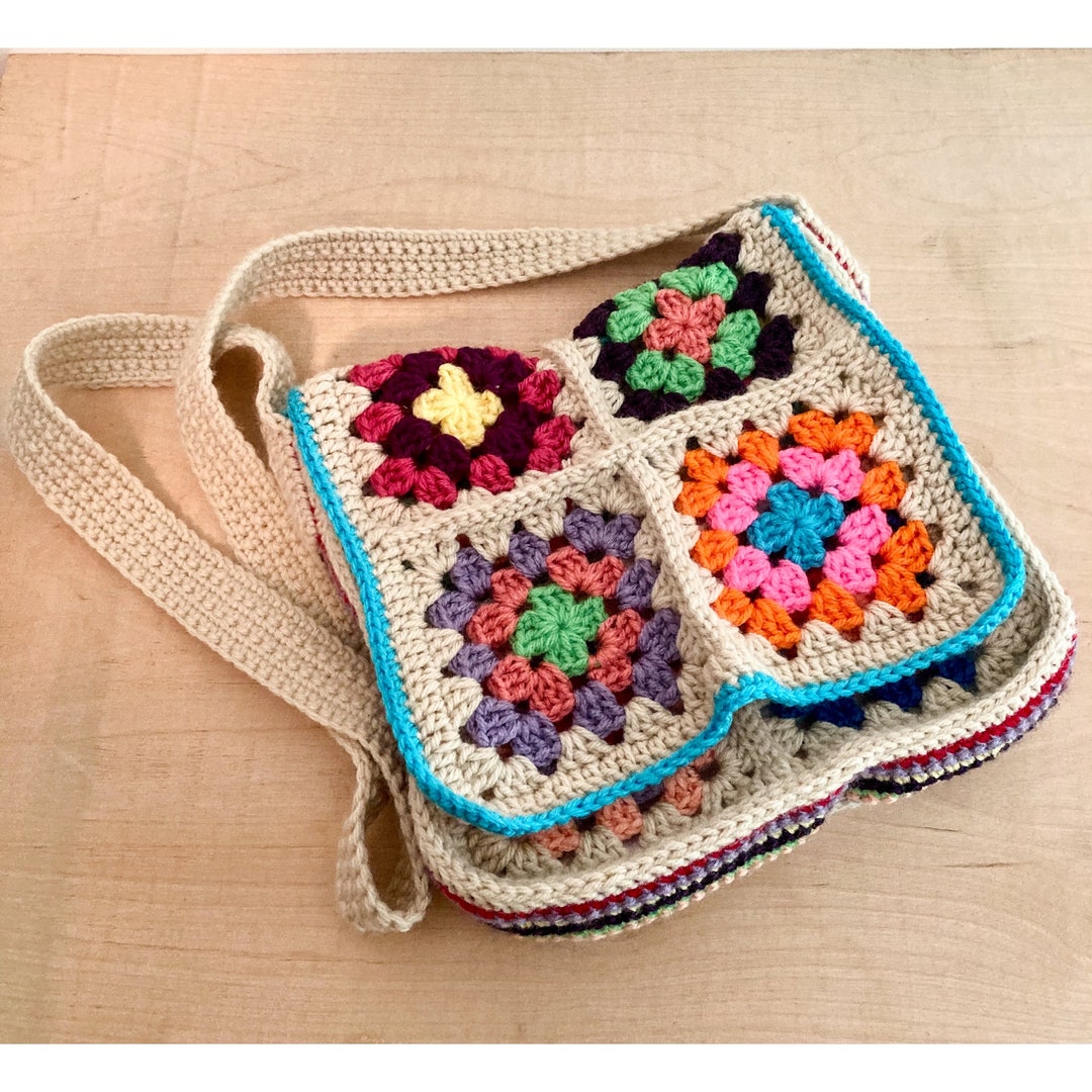 Granny Square Messenger Bag With Inner Pocket, Crocheted Shoulder Bag