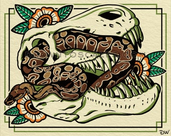 Ball Python and Tyrannosaurus Skull (8" x 10" print)