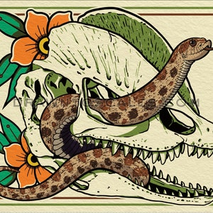 Western Hognose Snake and Dilophosaurus Skull (8x10 print), FREE SHIPPING