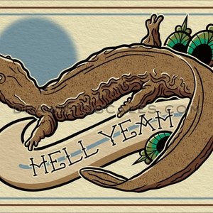 May include: A brown salamander with a textured surface is curled around a banner with the text "HELL YEAH" in blue and white. The salamander has a green eye with a black pupil and a brown background.