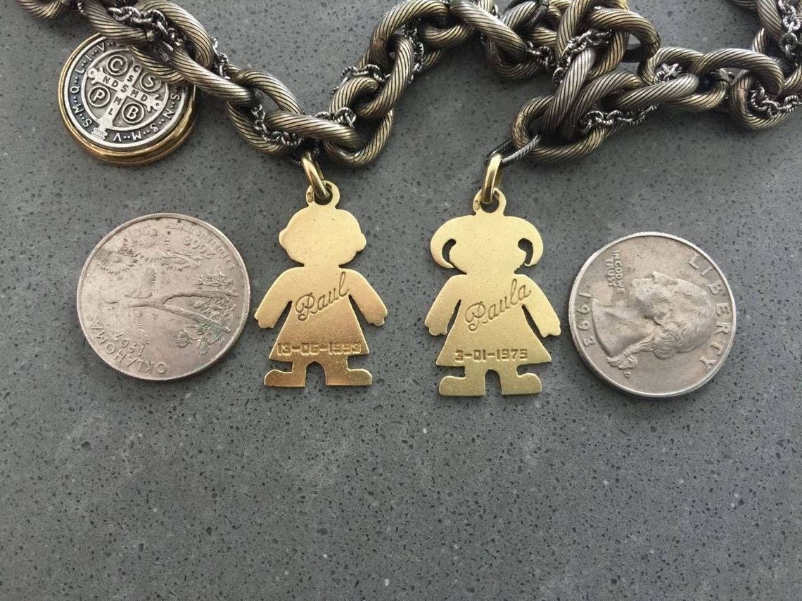 18K Solid Gold Charm Pendant Boy and Girl Engraved Etsy
