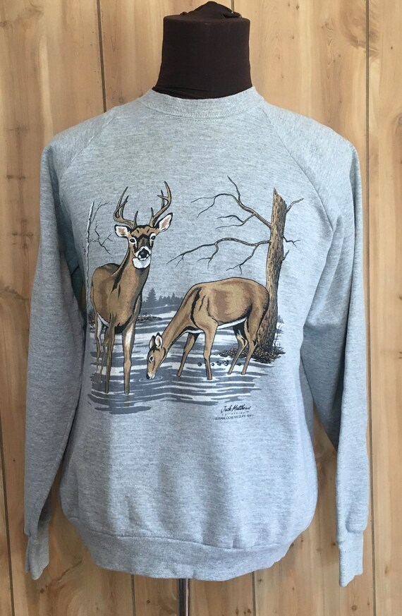 Vintage Deer Family Animal Print Gray 1980s Wild