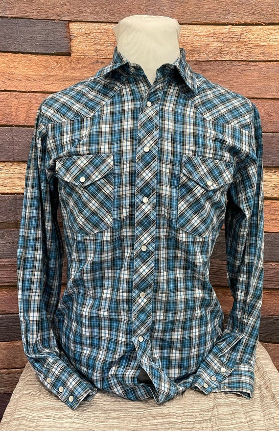 Vintage Wrangler Pearl Snap Shirt Men's L Short Sleeve Blue Plaid Western  Wear