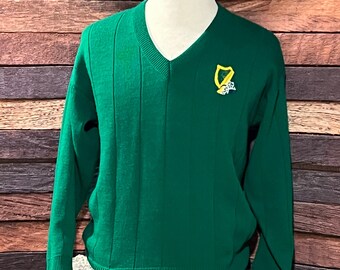 Vintage 1980s Ireland Irish Green V-neck Proud to be Irish 80s Sweater Pullover (Medium)