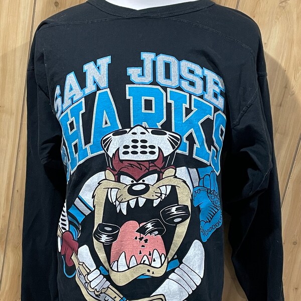 Vintage San Jose Sharks Tasmanian Devil Looney Tunes Cartoon Heavyweight Long Sleeve 1990s Shirt  - Hockey NHL Shirt (Large)