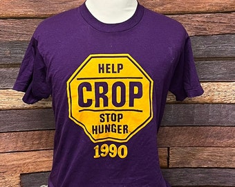 Vintage 1990s Help Crop Stop Hunger 1990 Purple Screen Stars Crewneck Tee Top Shirt (XL)