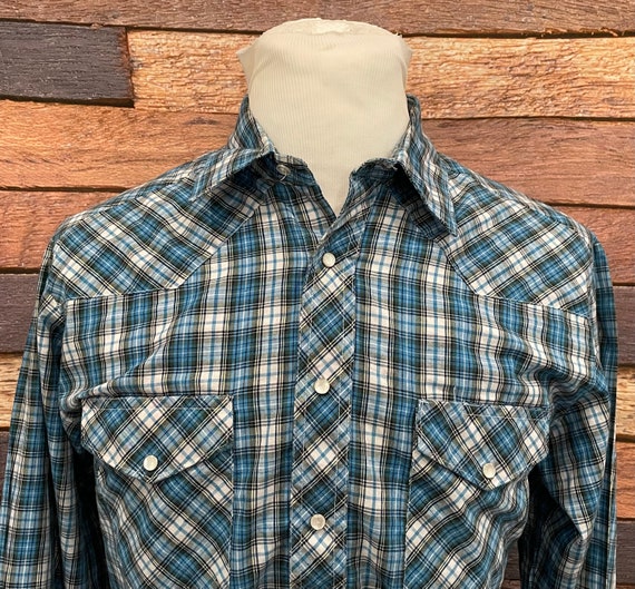 Vintage Western Shirt Plaid Wrangler Pearl Snaps Shirt 