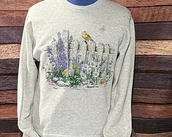 Vintage 90s Morning Sun Bird Animal Print Gray Pullover Jumper Sweatshirt (Small)