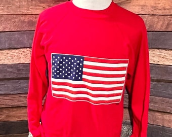 Vintage 1980s American Flag USA Patriotic Crewneck Pullover Jumper Sweatshirt (Medium)