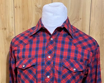 Vintage Wrangler Plaid Longsleeve Cowboy Pearl Snap Button Down Shirt - vintage shirt - cowboy shirt - vintage clothing (Medium)