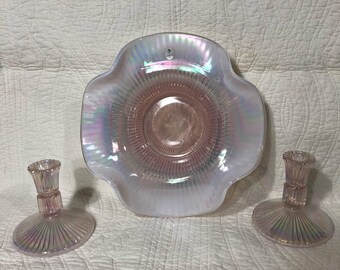 Authentic Vintage Fenton Glass bowl, and candle stick set