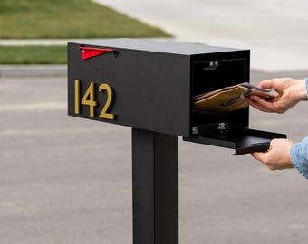 Dual Access Post-Mounted Mailbox| Black Mid-Century Mailbox with Magnetic House Numbers