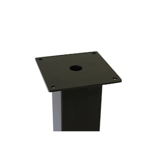 May include: A black metal square base with a round hole in the center. The base is attached to a black metal pole.