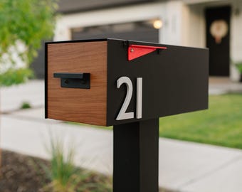 Mid-Century Modern Black Steel Mailbox: Magnetic House Numbers