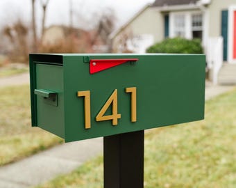 Green Malone Mailbox: Mid-Century Modern, Powder Coated Steel, Magnetic Numbers