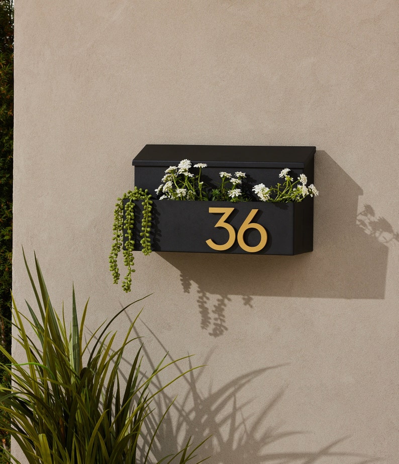 Modern & Contemporary Mailbox- Mid-century- Powder Coated- Custom Mailbox- Wall Mounted Mailbox- House Numbers- Black/Gray/White/Brown GWM image 1