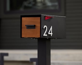 Mid-Century Modern Mailbox with Magnetic House Numbers - Powder Coated Steel