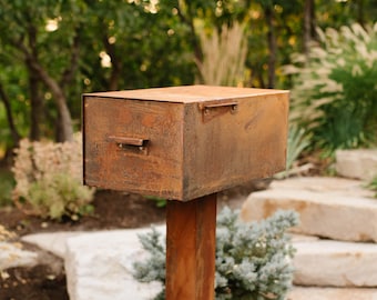 Large Corten Steel Mailbox: Mid-Century Modern with Magnetic House Numbers