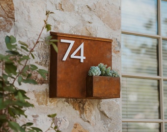 Corten Steel Wall Mounted Mailbox: Modern Address Numbers, Raw Steel Finish