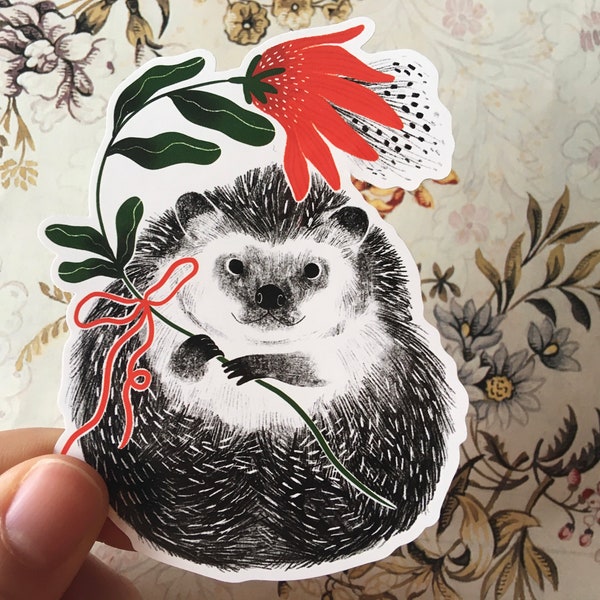 Sticker, Floral Hedgehog, Die Cut Vinyl Sticker, Glossy Sticker