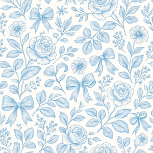 May include: A seamless pattern featuring light blue floral elements and bows on a white background. The design includes roses, daisies, and other botanical details, creating a delicate and elegant aesthetic. The illustration style is reminiscent of vintage botanical prints.