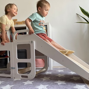 3-in-1 Learning Step Stool.Wooden Toddler Montessori Help Ladder.Kids Kitchen Tower with Slide.Kitchen Step Stool