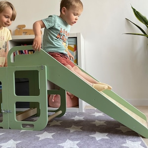 3-in-1 Kids Kitchen Tower with Slide.Learning Step Stool.Wooden Toddler Montessori Help Ladder.Kitchen Step Stool/ Green sides