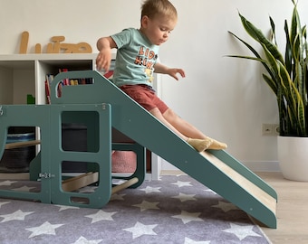 Échelle de rangement pour enfants 3 en 1 avec toboggan. Tabouret d'apprentissage. Échelle d'aide Montessori pour tout-petits en bois. Escabeau de cuisine/côtés bleus