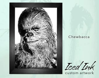 Framed Ink canvas, Chewbacca of Star Wars, Art Print original, hand-drawn in ink and pencil, A3+ (16x20")