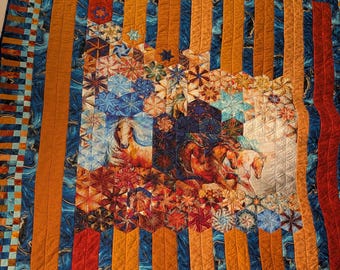 Orange and Blue Horse Quilt Football Throw | Equestrian Gift | Handmade Patchwork