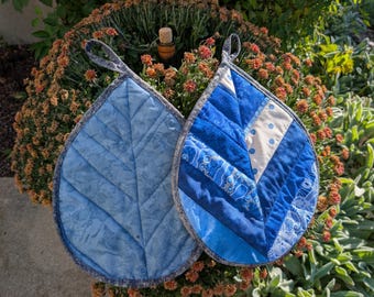 Handmade Blue & White Farmhouse Potholder Set, Quilted Trivet