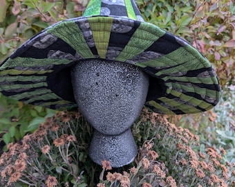 Emerald City Green and Black Patchwork Witch Hat, Wicked Watch Party Costume. Elphaba or Morrible Style Accessory.