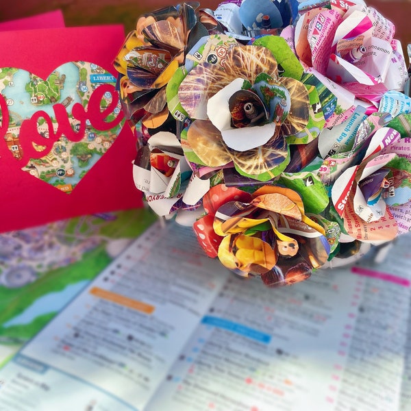 Upcycled Disney Park Map single Flowers with free LOVE card Perfect for Valentine’s Day, graduation, anniversary, wedding ,  and birthdays