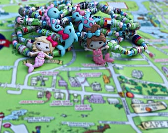 Upcycled Cape May NJ Map Bracelets ; Mermaid, Sea Turtle , Seahorse, and Dolphin