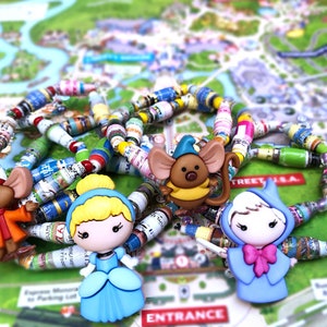 Cinderella and friends - Upcycled Disney Map Bracelets; Jaq, Gus Gus, And Fairy Goodmother
