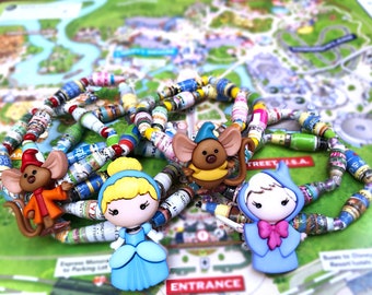 Cinderella and friends - Upcycled Disney Map Bracelets; Jaq, Gus Gus, And Fairy Goodmother