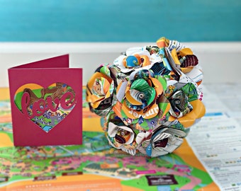Upcycled Hersheypark Map Flowers with free LOVE card. perfect graduation, anniversary, wedding ,  Valentine’s Day  and birthday gift