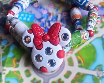 Red and White Minnie Bling Bracelet-Upcycled Disney Maps
